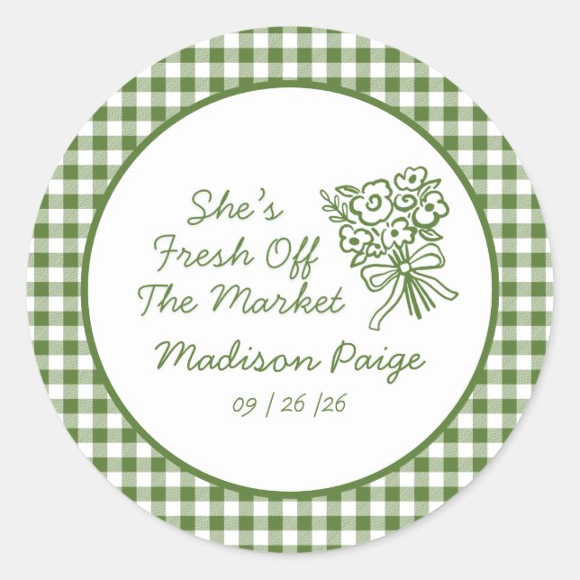 Whimsical Fresh Off The Market Green Bridal Shower Classic Round Sticker (Front)