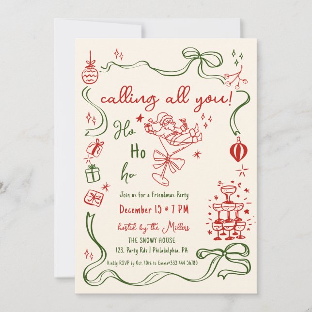 whimsical Friendmas party Santa cocktail Announcement (Front)