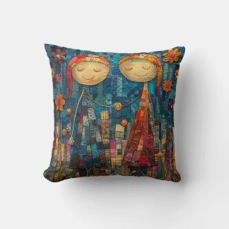 Whimsical Friends Holding Hands Cushion