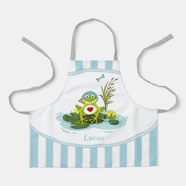 Whimsical Frog | Blue Striped Personalised Kid Apron (Front)