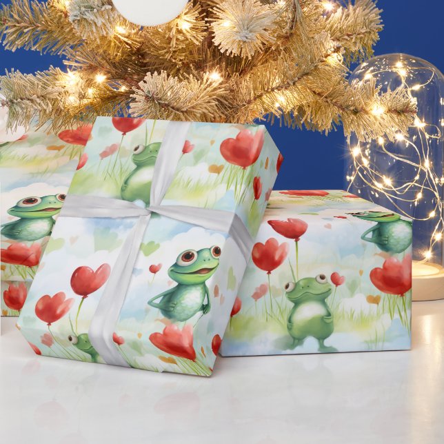 Whimsical Frog heart balloons Wrapping Paper (Holidays)