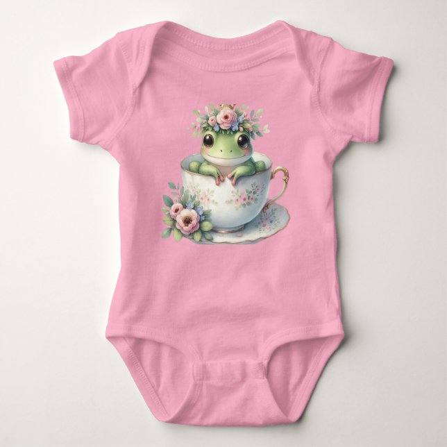 Whimsical Frog in Floral Teacup Baby Bodysuit (Front)