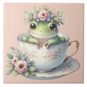 Whimsical Frog in Floral Teacup  Ceramic Tile