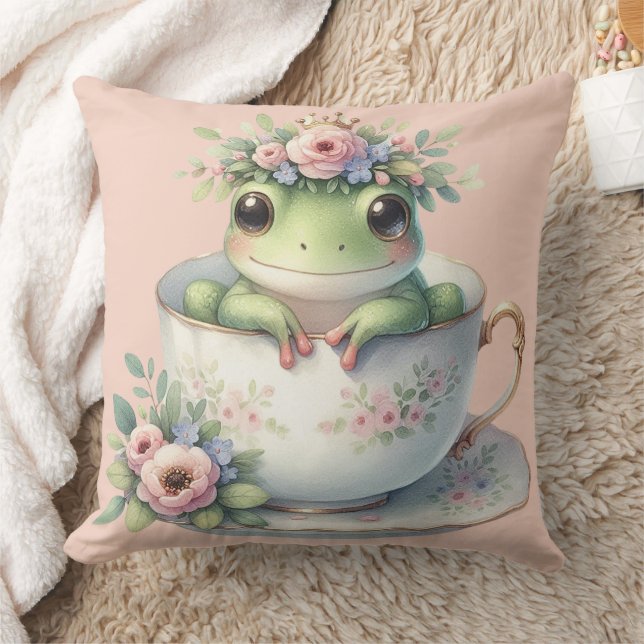 Whimsical Frog in Floral Teacup Cushion (Blanket)