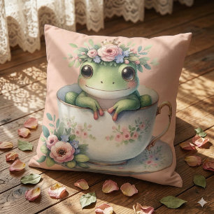 Whimsical Frog in Floral Teacup Cushion