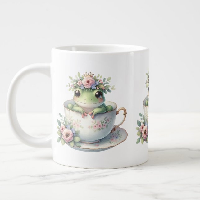 Whimsical Frog in Floral Teacup Large Coffee Mug (Left)