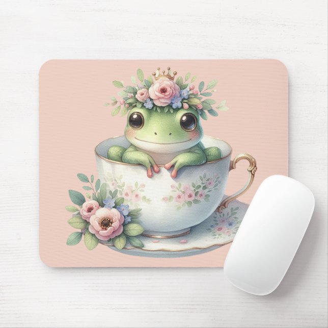 Whimsical Frog in Floral Teacup Mouse Pad (With Mouse)