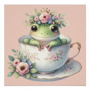 Whimsical Frog in Floral Teacup  Poster