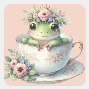 Whimsical Frog in Floral Teacup  Square Sticker