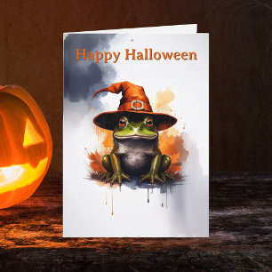 Whimsical Frog Orange Witch Hat Halloween Card