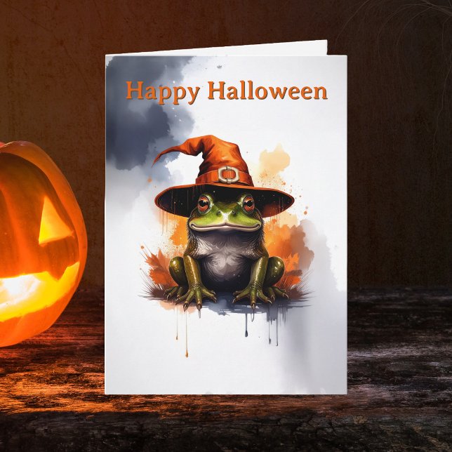 Whimsical Frog Orange Witch Hat Halloween Card (Happy Halloween frog greeting card. Hairy toad spooky season greetings cards)