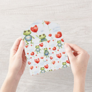 Whimsical Frog with red heart balloons All In One Invitation