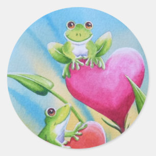Whimsical Frogs and Hearts Watercolor Art Classic Round Sticker