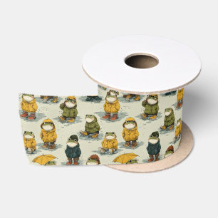 Whimsical Frogs in Raincoats Pattern Satin Ribbon