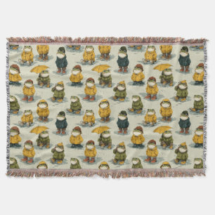 Whimsical Frogs in Raincoats Pattern Throw Blanket