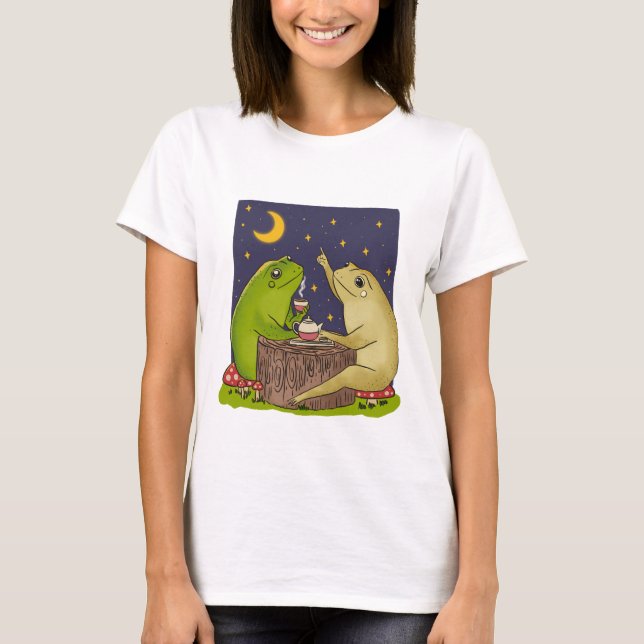Whimsical Frogs Tea Party At Night Illustration T-Shirt (Front)
