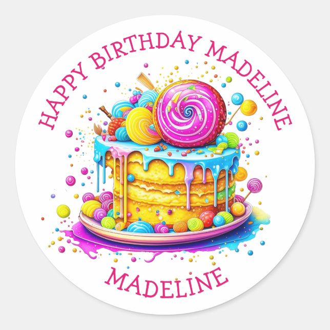 Whimsical Frosted Cake Personalised Birthday Classic Round Sticker (Front)