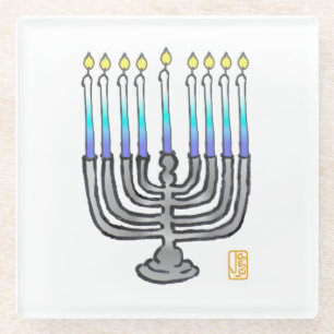 Whimsical Fully Lit Menorah Giftable Glass Coaster
