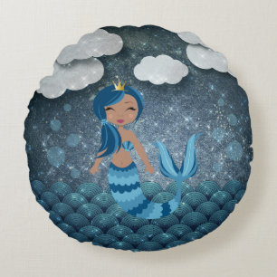 Whimsical Fun Blue and Turquoise Mermaid and Sea Round Cushion