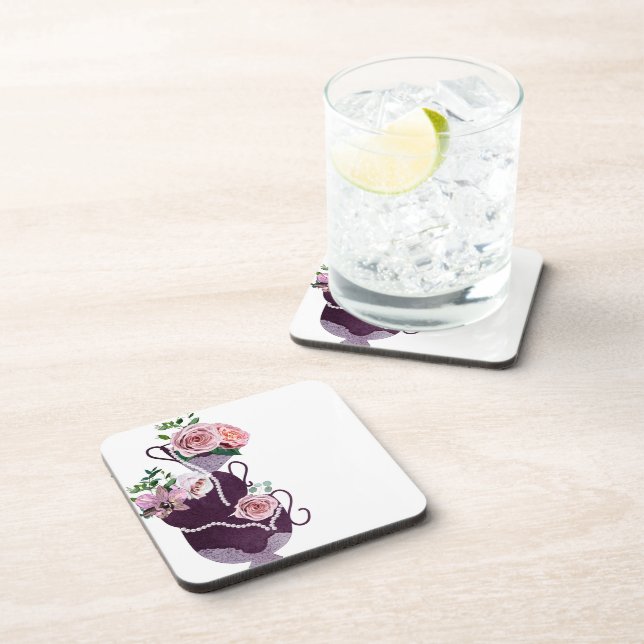 Whimsical Fun Floral Tea Cups Kitchen Coaster (Right Side)