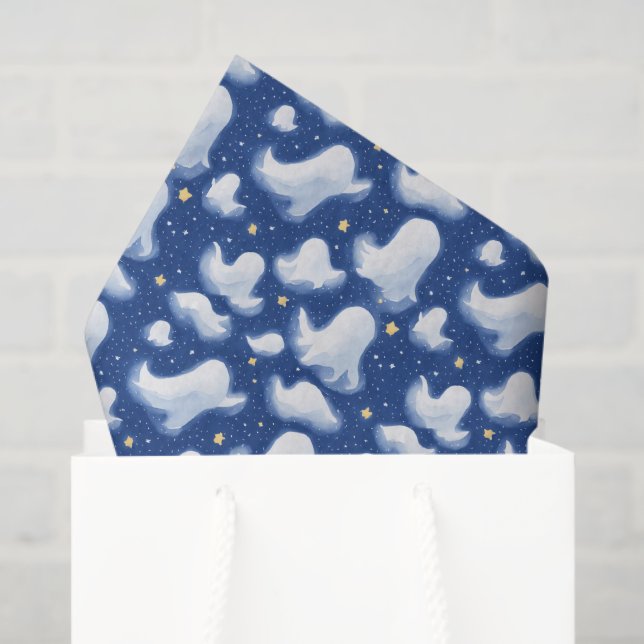 Whimsical Fun Ghost Blue Sky Halloween Night Stars Tissue Paper (Gift Bag)