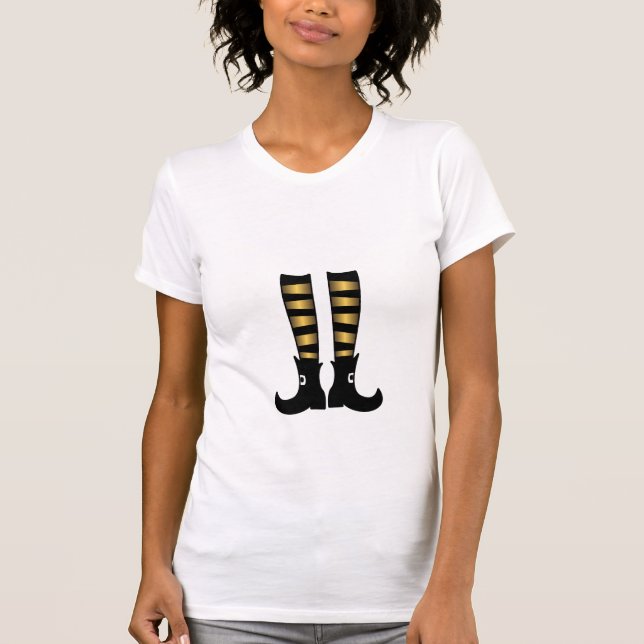 Whimsical Fun Gold and Black Witches Legs T-Shirt (Front)