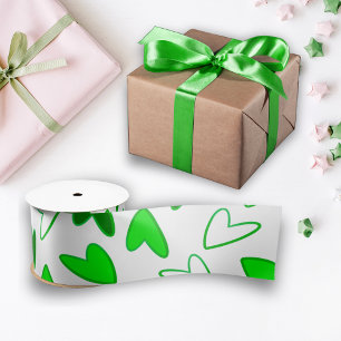 Whimsical Fun Green Heart Pattern Satin Ribbon