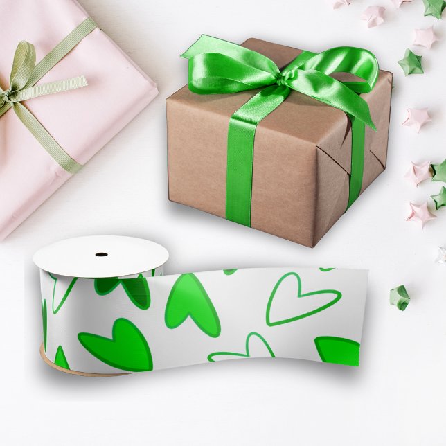Whimsical Fun Green Heart Pattern Satin Ribbon (Whimsical Fun Green Heart Pattern Satin Ribbon)