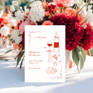 Whimsical Fun Hand Drawn Frame Wine Pizza Wedding Save The Date