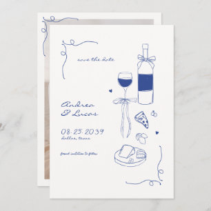 Whimsical Fun Hand Drawn Frame Wine Pizza Wedding Save The Date