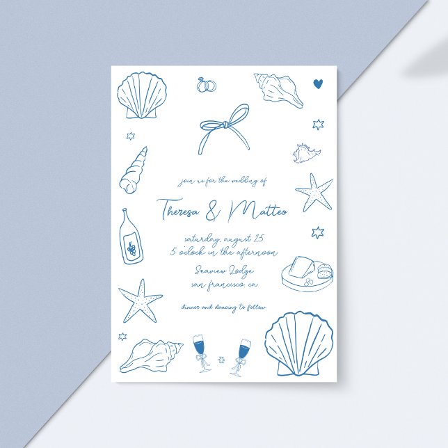 Whimsical Fun Hand Drawn Nautical Coastal Wedding Invitation (Creator Uploaded)