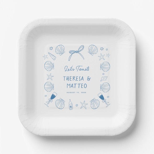 Whimsical Fun Hand Drawn Nautical Coastal Wedding Paper Plate (Front)