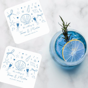 Whimsical Fun Hand Drawn Nautical Coastal Wedding Square Paper Coaster