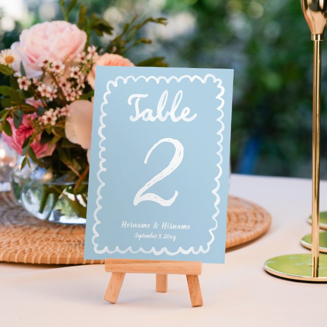 Whimsical Fun Hand Written Drawn Light Blue White Table Number (Creator Uploaded)
