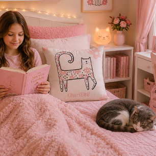 Whimsical Fun Pink Floral Cat Named Think Pink Cushion
