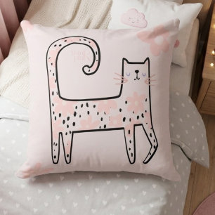 Whimsical Fun Pink Floral Cat Think Pink Cushion