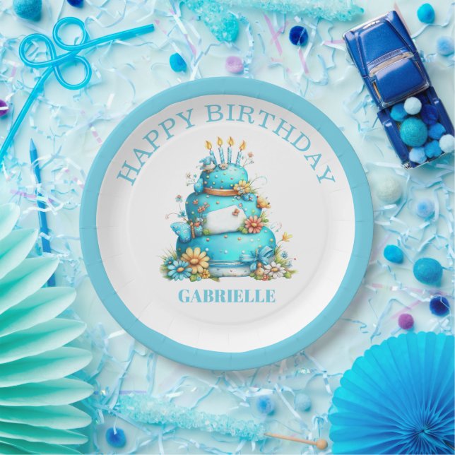 Whimsical Fun Teal Birthday  Paper Plate (Party)