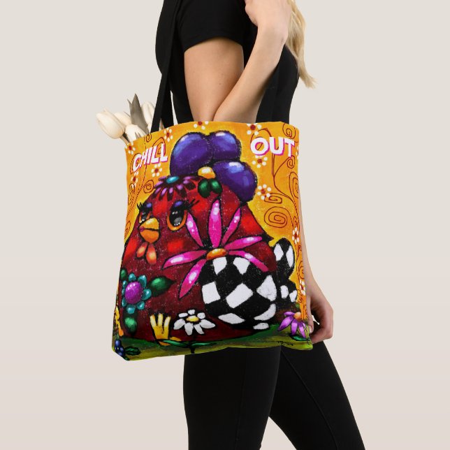 Whimsical Funky Chunky Floral Chicken Colourful Tote Bag (Close Up)