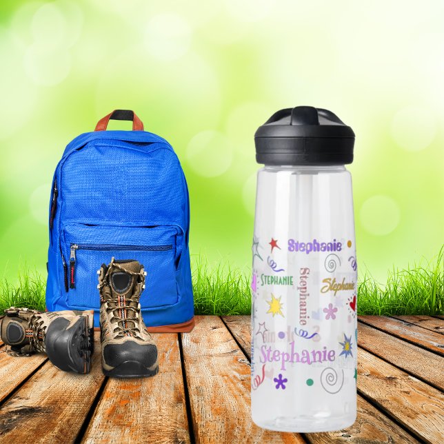 Whimsical Funky Colourful Shapes Personalised Name Water Bottle (Creator Uploaded)