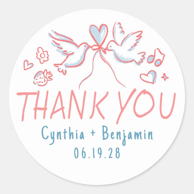 Whimsical Funky Cute Hand Drawn Wedding Thank You Classic Round Sticker (Front)