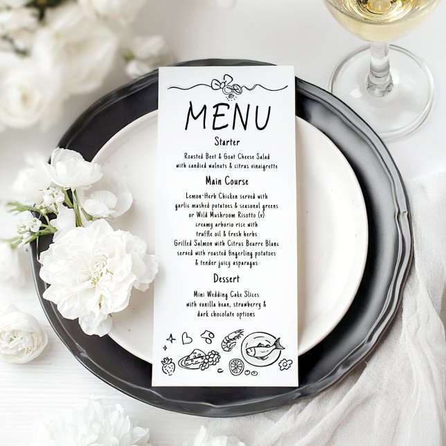 Whimsical Funky Decor Handwritten Wedding Menu (Whimsical Hand-drawn Wedding Menu Card)