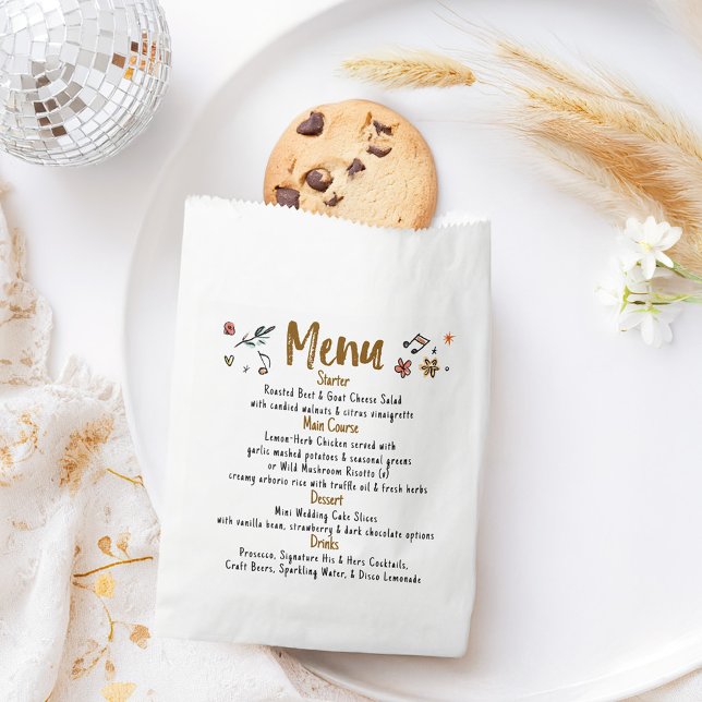 Whimsical Funky Decor Handwritten Wedding Menu Favour Bag (Wedding Menu Bag filled with fresh bread, cookies or napkin, utensils)