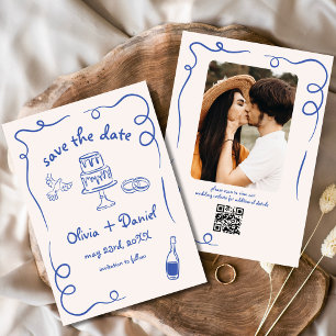 Whimsical Funky Hand Drawn Blue Wedding Photo Save The Date