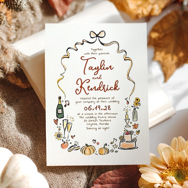 Whimsical Funky Hand Drawn Doodles Fall Wedding Invitation (Funky Whimsical Hand-drawn Fall Wedding Invitation)