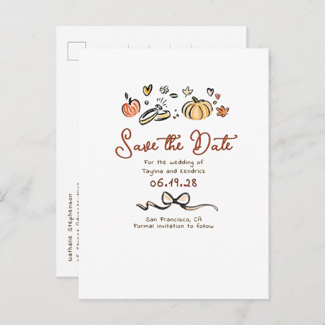 Whimsical Funky Hand Drawn Fall Save The Date Announcement Postcard (Front/Back)