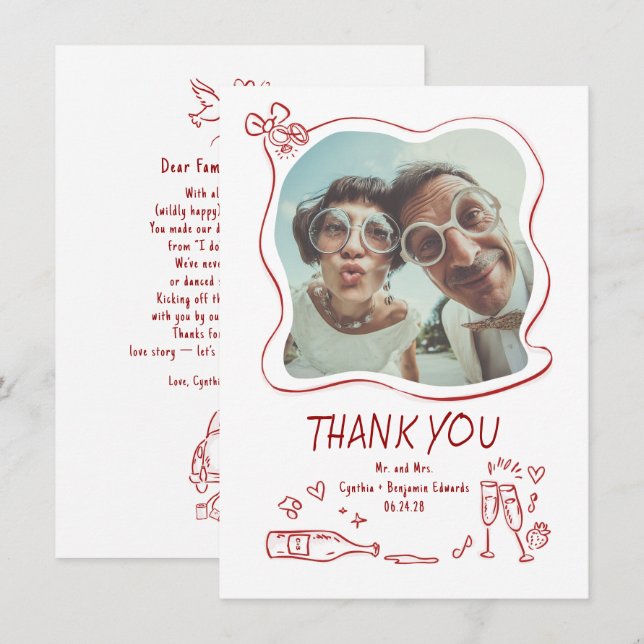 Whimsical Funky Hand Drawn Wedding Photo Thank You Card (Front/Back)