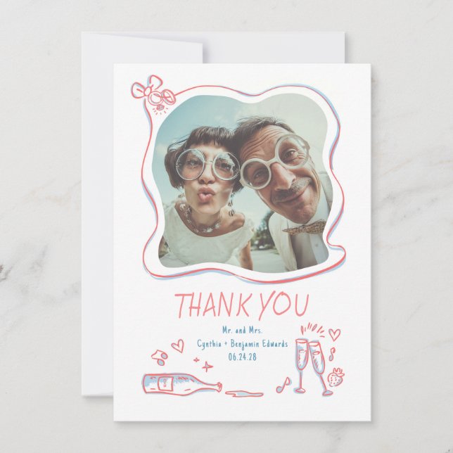 Whimsical Funky Hand Drawn Wedding Photo Thank You Card (Front)