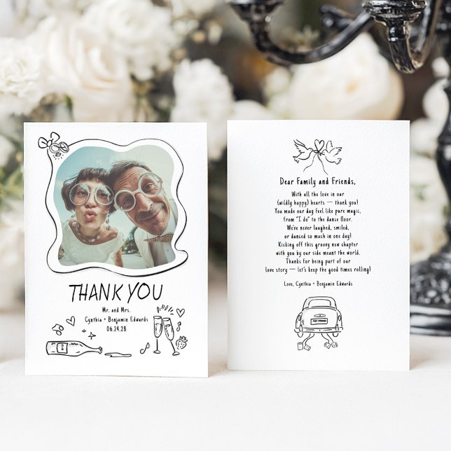 Whimsical Funky Hand Drawn Wedding Photo Thank You Card (Quirky Funky Drawings Wedding Thank You Photo Cards)
