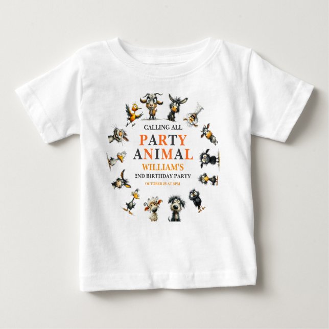 Whimsical Funny Animals 2nd Birthday Party Baby T-Shirt (Front)