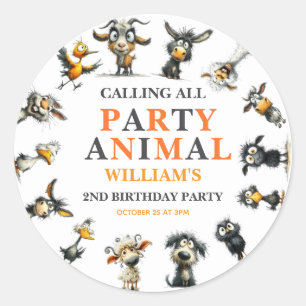 Whimsical Funny Animals 2nd Birthday Party Classic Round Sticker